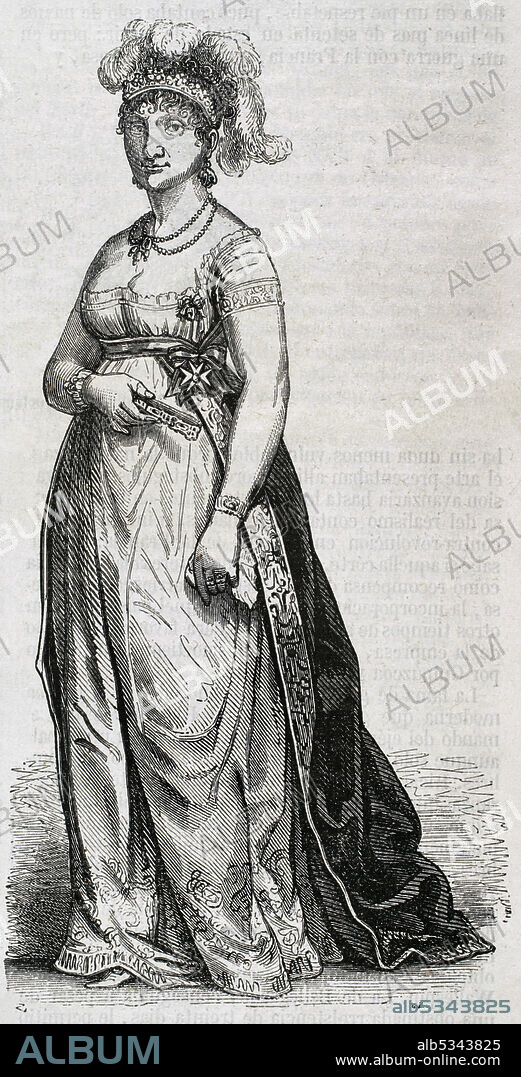 María Luisa de Parma (1751-1819). Reina consorte de España (1788-1808), por su matrimonio con Carlos IV. Grabado. Historia General de España por el Padre Mariana. Madrid, 1853.