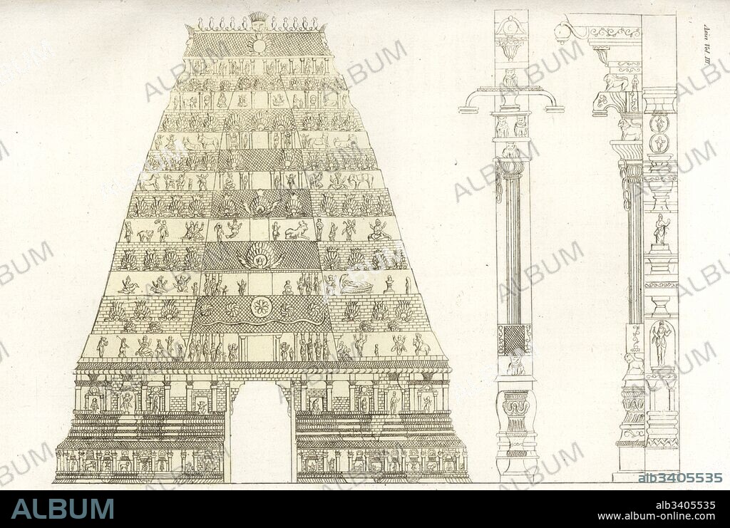 Pagoda of Chidambaram, Hindu temple, with illustration of the gopuram tower. Handcoloured copperplate drawn and engraved by Andrea Bernieri from Giulio Ferrario's Ancient and Modern Costumes of all the Peoples of the World, Florence, Italy, 1844.