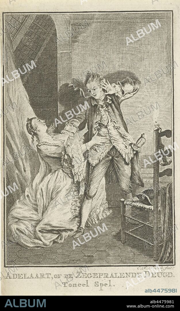 Kneeling woman in worship for a man Title page for: Adelaart, or the victorious virtue, drama, 1770 and 1774, A woman is worshiping on her knees in front of a man and wants to hug him from this position. The man does not like this and tries to push the woman away. Scene from the play 'Adelaart of victorious virtue', kneeling figure, Christian Friedrich Fritzsch (mentioned on object), 1770 - 1774, paper, etching, h 147 mm × w 92 mm.