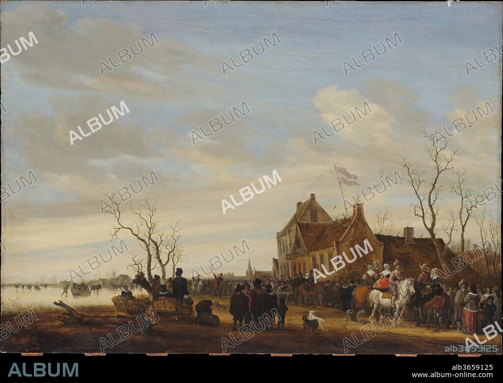 Drawing the Eel. Artist: Salomon van Ruysdael (Dutch, Naarden, born ca. 1600-1603, died 1670 Haarlem). Dimensions: 29 1/2 x 41 3/4 in. (74.9 x 106 cm). Date: early 1650s.
This picture of a village entertainment on a crisp winter day is one of the finest of the 174 paintings acquired in the Museum's founding 1871 Purchase. The eel or herring dangling from a line strung from tavern to tree is the slippery target of couples charging by on horseback. Since at least the time of Pieter Bruegel the Elder in the 1560s, country pleasures were a subject enjoyed by urban art collectors.