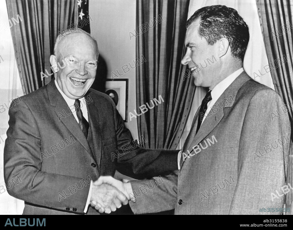 Washington, D.C.:  October 3, 1960 President Dwight D. Eisenhower shakes hands with Vice President Richard Nixon after a conference at the White house. Nixon is about to go out for his fourth week of campaigning as the Republican Presidential nominee.