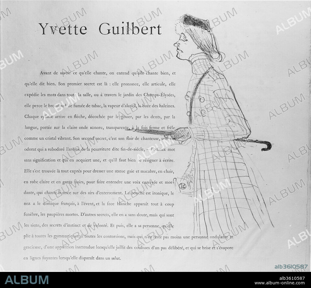 Yvette Guilbert. Artist: Henri de Toulouse-Lautrec (French, Albi 1864-1901 Saint-André-du-Bois). Author: Gustave Geffroy (French, Paris 1855-1926 Paris). Dimensions: 16 in. × 15 1/8 in. (40.6 × 38.4 cm)
Sheet: 15 × 15 in. (38.1 × 38.1 cm). Printer: Images printed by Edward Ancourt (French, 19th century); Text printed by Frémont (French, active 19th century). Publisher: André Marty (French, born 1857); l'Estampe Originale. Date: 1894.