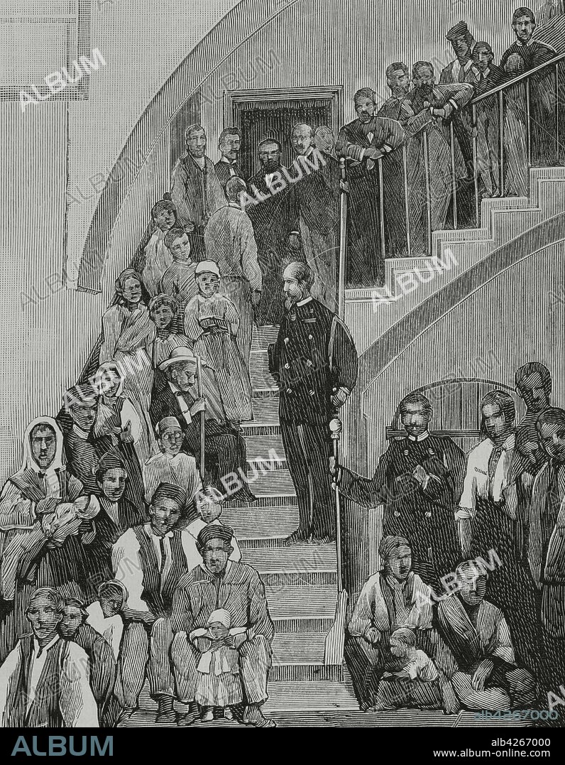 The Spanish in Oran's region. During the second third of the 19th century many Spaniards went as farmers to make their fortune in northern Algeria. On June 11, 1881, the men of the Marabout Mohamed el-Arbi, known as Bu-Amena, attacked farmers who were gathering esparto in the Oranian agricultural fields of Khalfalia and Frendah, near Saida (Algeria). It caused panic among European emigrants. Many of them returned to their countries of origin. 9,000 Spaniards did so between 11 and 22 June 1881. Alicante (Spain). Distribution of aid in the civil government of the province to the fugitives from Oran. Engraving. La Ilustracion Espa–ola y Americana, 1881.