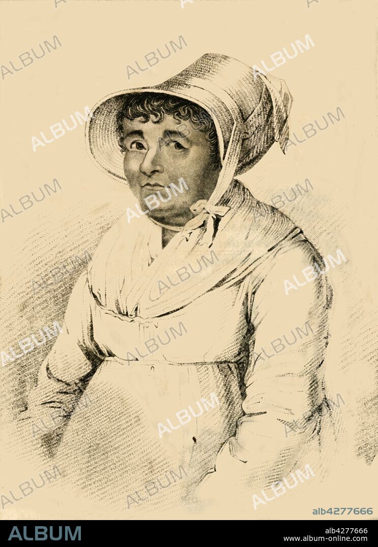 ROBERT COOPER. 'Joanna Southcott, An Extraordinary Fanatic', 1822. Portrait of Joanna Southcott (c1750-1814) English mystic and religious fanatic. Southcott believed herself to be the woman described in Revelations 12 in the Bible. She announced she would give birth to second Prince of Peace on 19 October 1814. Southcott died of a brain tumour in December of that year. From "Wonderful Characters: Comprising Memoirs and Anecdotes of the Most Remarkable Persons of Every Age and Nation", Vol. III, by Henry Wilson. [J. Robins and Co. Albion Press, London, 1821].
