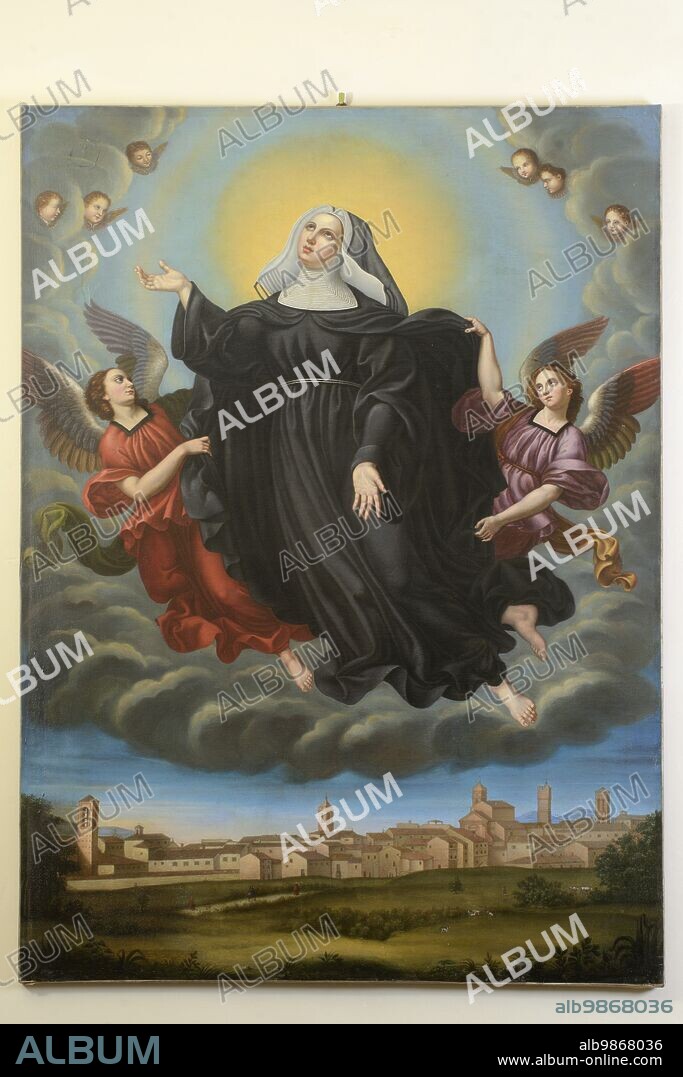 Matelica (Italy, Marche, province of Macerata). Monastero Beata Mattia, Anonymous painter, the Blessed Mattia, in the background the city of Matelica, 18th century.
