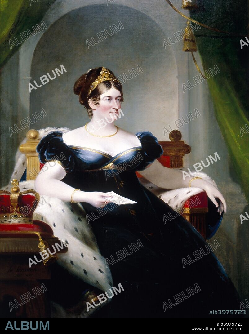 Portrait of Caroline of Brunswick, Consort of George IV, 1820. She holds a letter and wears a blue velvet empire line dress. An ermine robe is draped over her throne, and a crown sits on a tasselled cushion at her side.