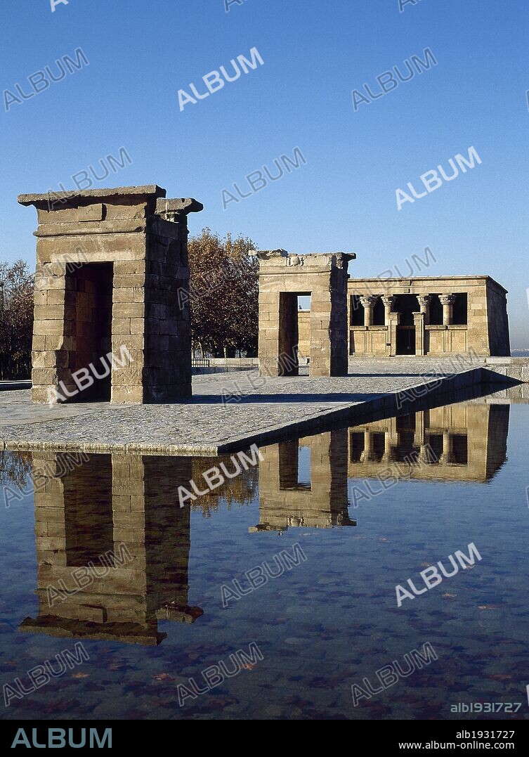 Spain. Madrid. Temple of Debod. Ancient Egyptian temple which was dismantled and rebuilt in Madrid in 1968. From southern Egypt, near Aswan. Built 200 BC. West Park.