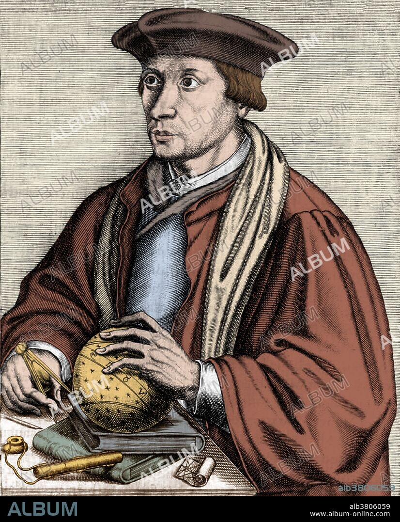 Colorized portrait of Oronce FinÃ© (December 20, 1494 - August 8, 1555), a French mathematician and cartographer. FinE gave the value of pi (= 3.1416) to be (22 2/9)/7 = 3.1746 in 1544. Later, he gave 47/15 = 3.1333 and, in De rebus mathematics (1556), he gave 3 11/78 = 3.1410. In 1542 he published De mundi sphaera (On the Heavenly Spheres), a popular astronomy textbook whose woodcut illustrations. His writing on astronomy included guides to the use of astronomical equipment and methods. His heart-shaped (cordiform) map projection may be his most famous illustration, and was frequently employed by other notable cartographers, including Peter Apian and Gerardus Mercator. He died in 1555 at the age of 60.