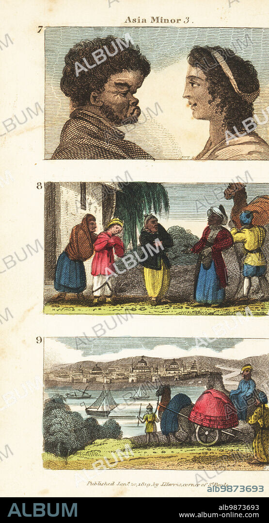 Historical views of Asia Minor. Bashkir man and Circassian woman 7, Circassian parents selling their daughter into slavery 8, and view of the city of Astrakhan and the Volga river 9. Handcoloured copperplate engraving from Rev. Isaac Taylors Scenes in Asia, for the Amusement and Instruction of Little Tarry-at-Home Travelers, John Harris, London, 1819.