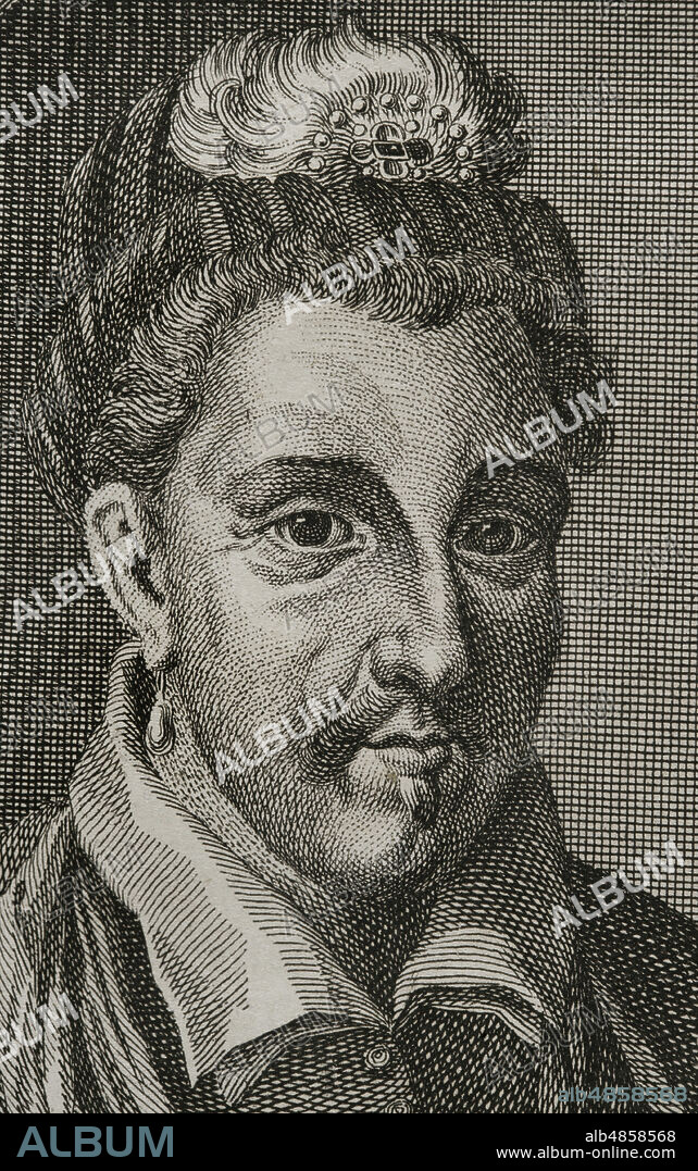 Enrique III de Valois (1551-1589). Rey de Francia (1574-1589). Con anterioridad fué rey de Polonia, de 1573 a 1574, como Enrique de Valois (Henryk Walezy) Retrato. Grabado, detalle. Guerras de Flandes. Edición publicada en Amberes, 1748. Biblioteca Histórico Militar de Barcelona. Cataluña. España.