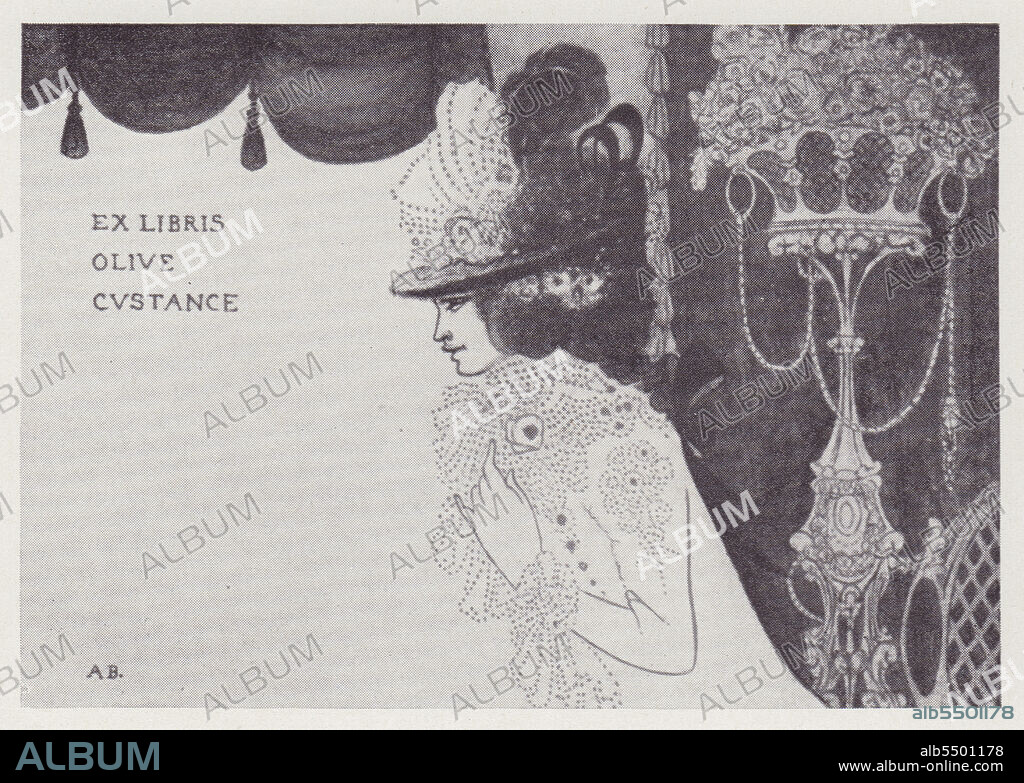 AUBREY BEARDSLEY. Book-Plate of Olive Custance (Lady Alfred Douglas), 1897. English poet Olive Custance was a contributor to literary periodical The Yellow Book. Beardsley was its first art editor but publisher John Lane dispensed with Beardley's services in the wake of the Oscar Wilde scandal. Wilde had a homosexual affair with Lord Alfred Douglas, who later repudiated Wilde, and married Olive Custance in 1902. From "The Best of Beardsley" edited by R. A. Walker, [The Bodley Head, London, 1948].