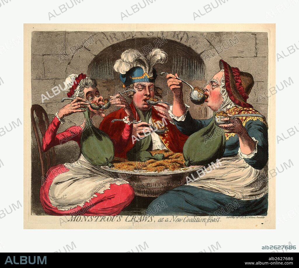 Monstrous craws, at a new coalition feast, Cartoon shows King George, dressed as an old woman, the Queen, and the Prince of Wales seated around a basin perched on the laps of the King and Queen; they eagerly spoon the contents, representing gold coins, into their mouths. Pouches hanging from their necks like goitres are full, except for that of the Prince of Wales, whose is empty. The gate to the treasury, in the background, is open.