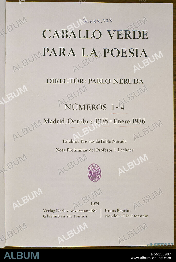 NERUDA, RICARDO NEFTALI REYES, DIT PABLO. REVISTA CABALLO VERDE (POESIA) SIG D 8427.