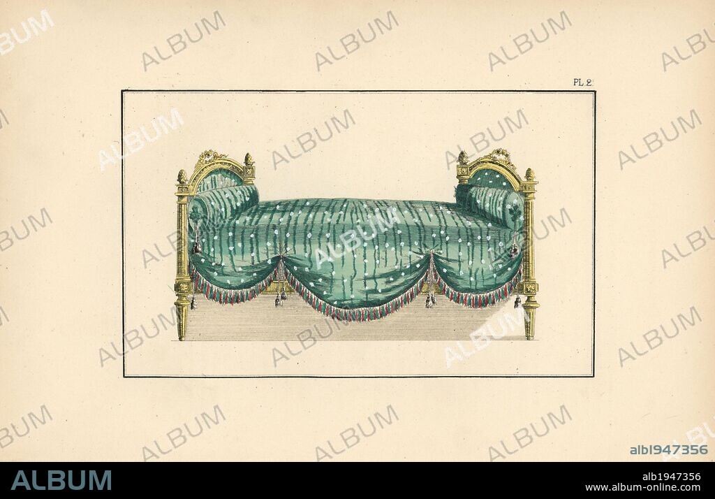 The Queen's bed at Trianon, in gilded walnut with Florentine linen bedspread. Hand-colored lithograph from "Fashions and Customs of Marie Antoinette and her Times," by Le Comte de Reiset, Paris, 1885. The journal of Madame Eloffe, dressmaker and linen-merchant to the Queen and ladies of the court.