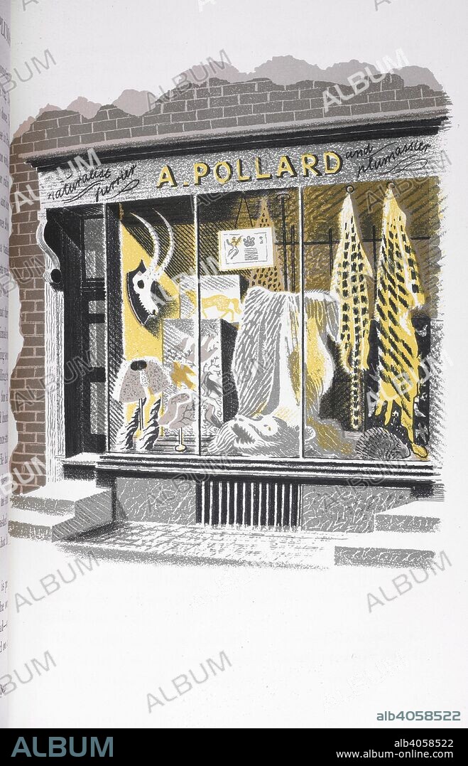 ERIC WILLIAM RAVILIOUS. 'A. Pollard' A shop window of a furrier. High Street. (A book of pictures of different kinds of shops.) Written by J. M. Richards. Illustrated by Eric Ravilious. London : Country Life, 1938. Source: 8234.ff.2 plate opposite page 28.