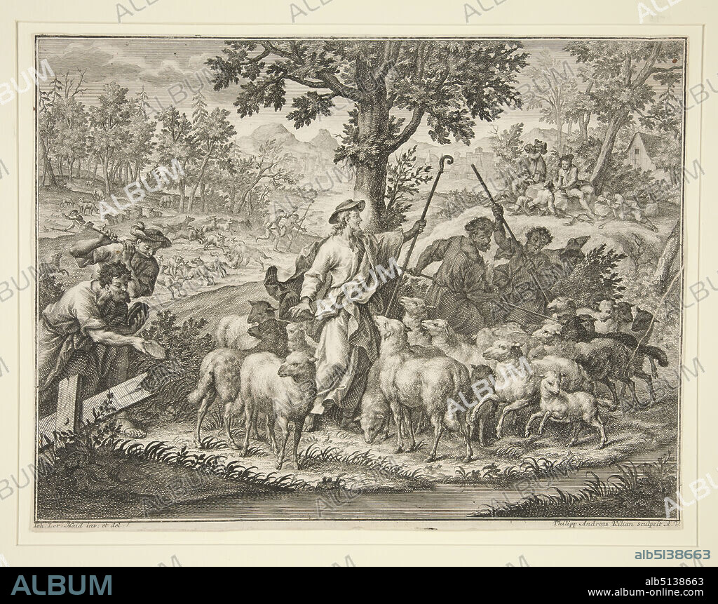 Artist: Philipp Andreas Kilian, German, 1714-1759, After: Johann Lorenz Haid, German, 1702-1750, Christ as Shepherd, Etching and engraving, sheet: 23 × 30.3 cm (9 1/16 × 11 15/16 in.), Made in Germany, German, 18th century, Works on Paper - Prints.
