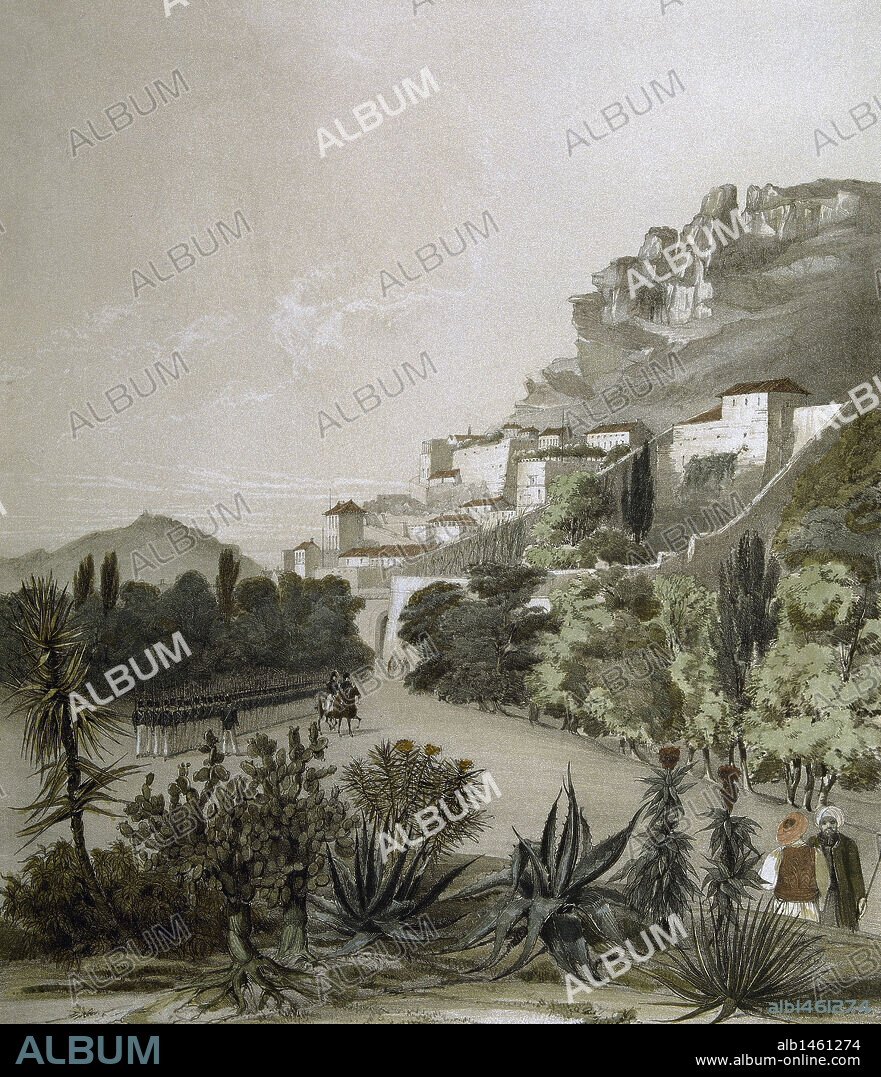 GIBRALTAR. Año 1838. "Vista desde La Alameda". Dibujo de George VIVIAN, litografía de T. S. BOYS. Londres, 1838.