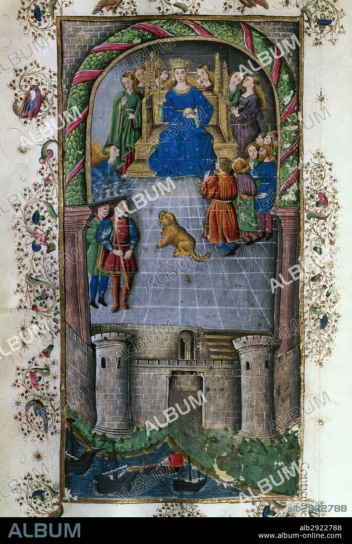 LITERATURA LATINA. SIGLO I. VIRGILIO MARON, Publio (70 a. C. -19 d. C.). "ENEIDA". LIBRO I. Miniatura del folio 80r de un manuscrito del siglo XV. Eneas es acogido en Cartago por la reina fundadora de la ciudad, la fenicia Dido, viuda de Siqueo, que fue asesinado por el hermano de ella, Pigmalión, rey deTiro. Dido ruega a Eneas que narre su historia. Biblioteca Histórica de la Universidad de Valencia. España.