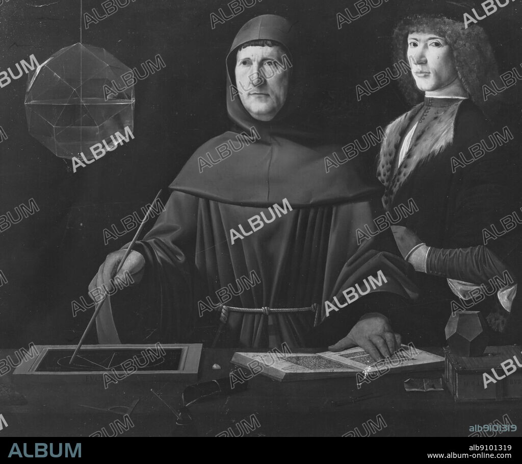Luca Pacioli, mathematician, with a pupil - a painting by Jacopo de' Barbari. Leonardo and Pacioli worked together in Milan from 1496, and Leonardo drew diagrams like the many-sided solid for Pacioli's book De Divina Proportione, 1498.