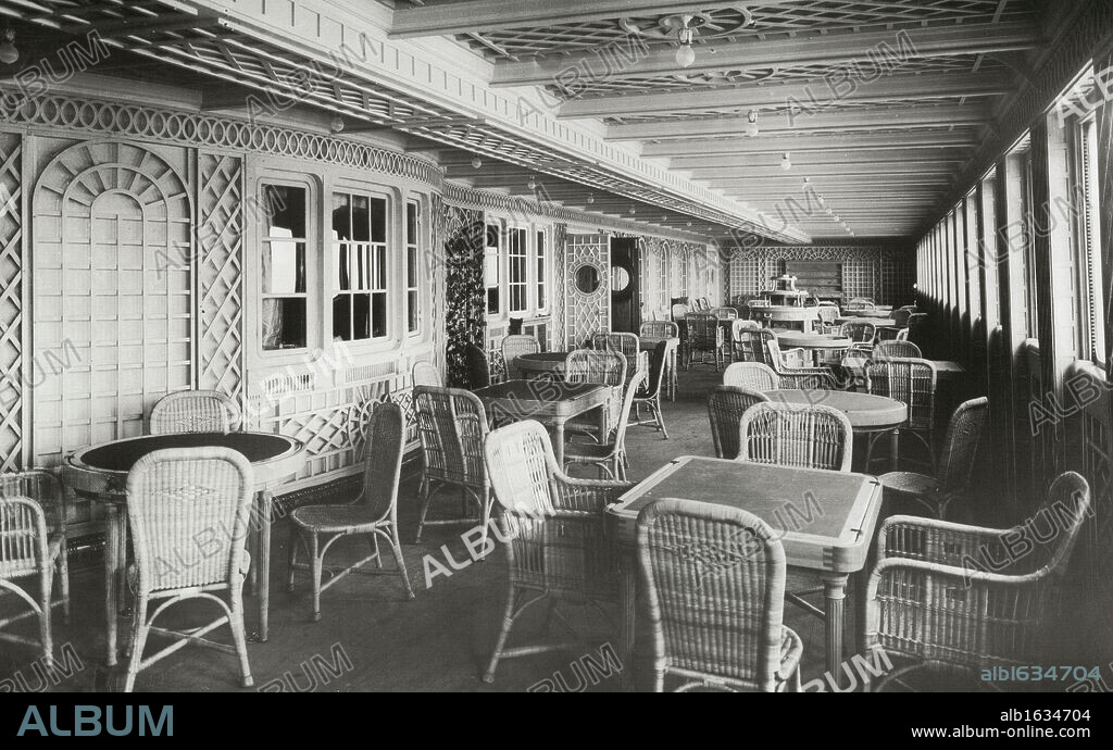 Café Parisien, RMS Titanic. Café Parisien on RMS Titanic, 04/01/1912. Extension to First Class restaurant. The White Liner, built by Harland & Wolff in Belfast, left Southampton and Cherbourg on her maiden voyage to New York on April 10th 1912. The steamship sank on April 15th 1912 off the coast of New Foundland after striking an iceberg with the loss of 1,635 passengers and crew. (Photo by Titanic Images/Universal Images Group).
