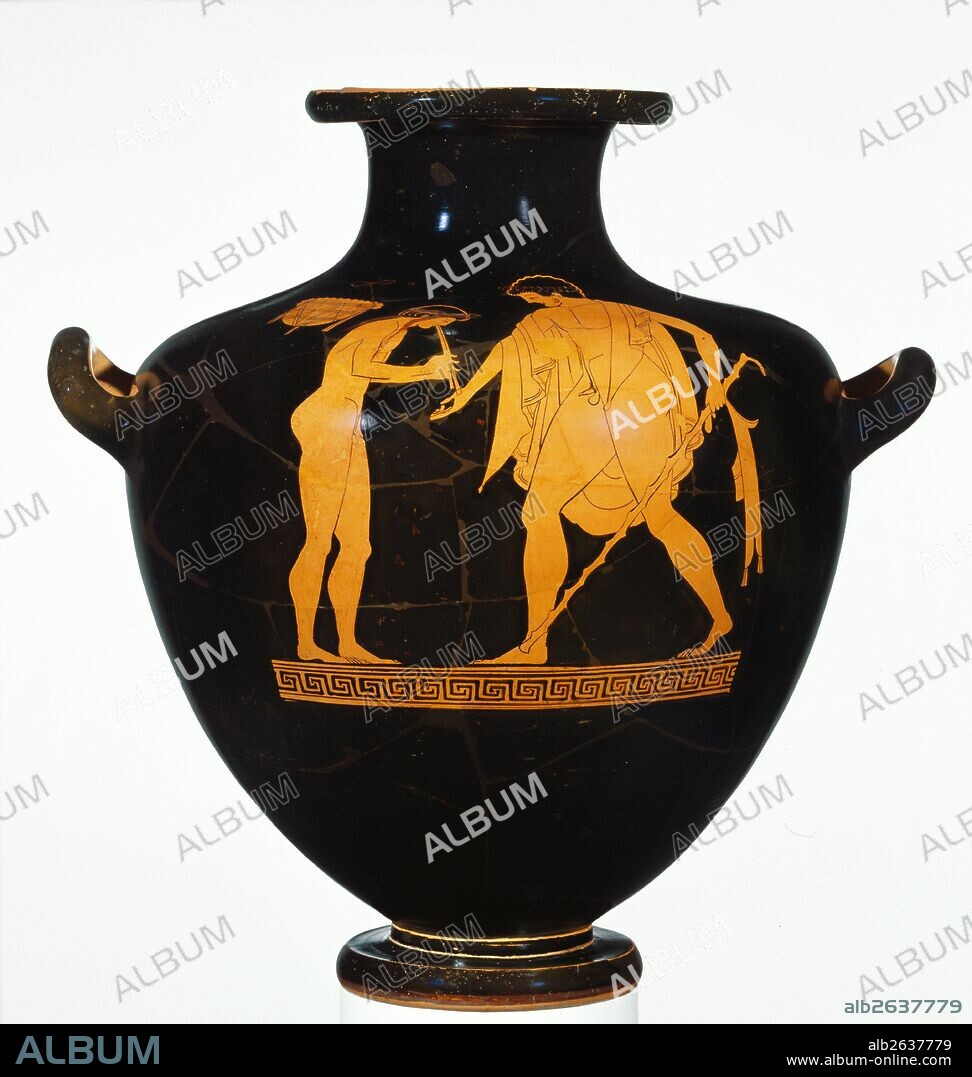 Attic Red-Figure Kalpis; Attributed to the Eucharides Painter, Greek (Attic), active about 500 - 470 B.C.; Athens, Greece, Europe; about 480 B.C.; Terracotta; Object: H: 38.9 x Diam. (body): 32 cm (15 5/16 x 12 5/8 in.), Object (mouth): Diam. (outside): 15.8 to 16.3 to (inside): 12.5 cm (6 1/4 to 6 7/16 to 4 15/16 in.), Object (foot): Diam.: 13.7 cm (5 3/8 in.).