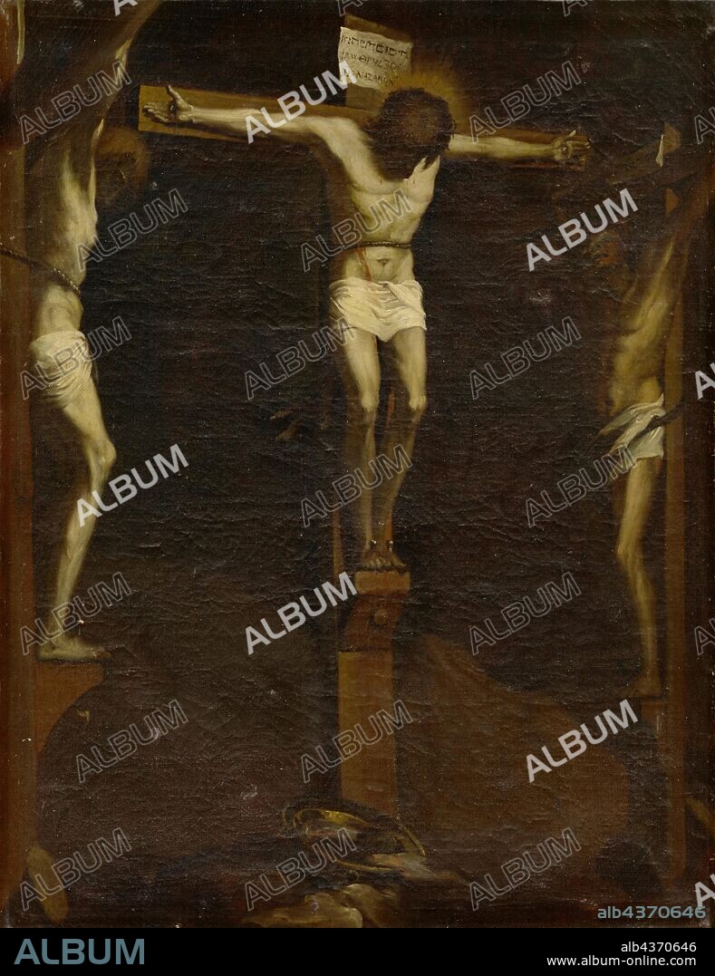 Crucifixion of Christ, 1718, oil on canvas, 123 x 93 cm, unmarked., Trilingual crosstitulus as example, Nikolaus Bernoulli d. J., Basel 1687–1769 Basel, Hans Holbein d. J., (Kopie nach / copy after), Augsburg um 1497/98–1543 London.