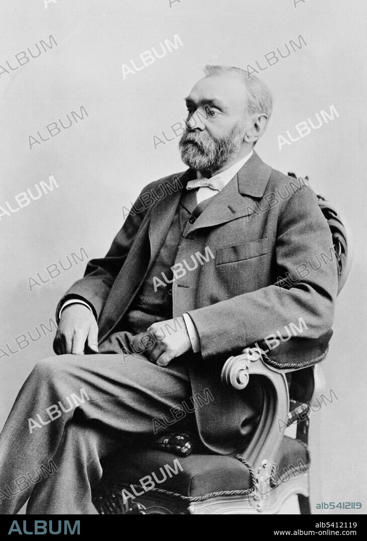 Alfred Bernhard Nobel (October 21, 1833 - December 10, 1896) was a Swedish chemist and inventor, joined his father in the business of manufacturing explosives. He studied explosives like nitroglycerin, and discovered ways to make them safer to use. In 1867, he patented dynamite (a mixture of nitroglycerine and an inert clay). He also produced more powerful explosives, such as blasting gelatin (gelignite, patented in 1876). These patents, and his other businesses, made him extremely wealthy. When he died in 1896, his will directed that the bulk of his fortune be used to set up the Nobel Prizes. These are awarded annually for outstanding contributions in physics, chemistry, physiology or medicine, literature, and world peace. No photographer credited, undated.