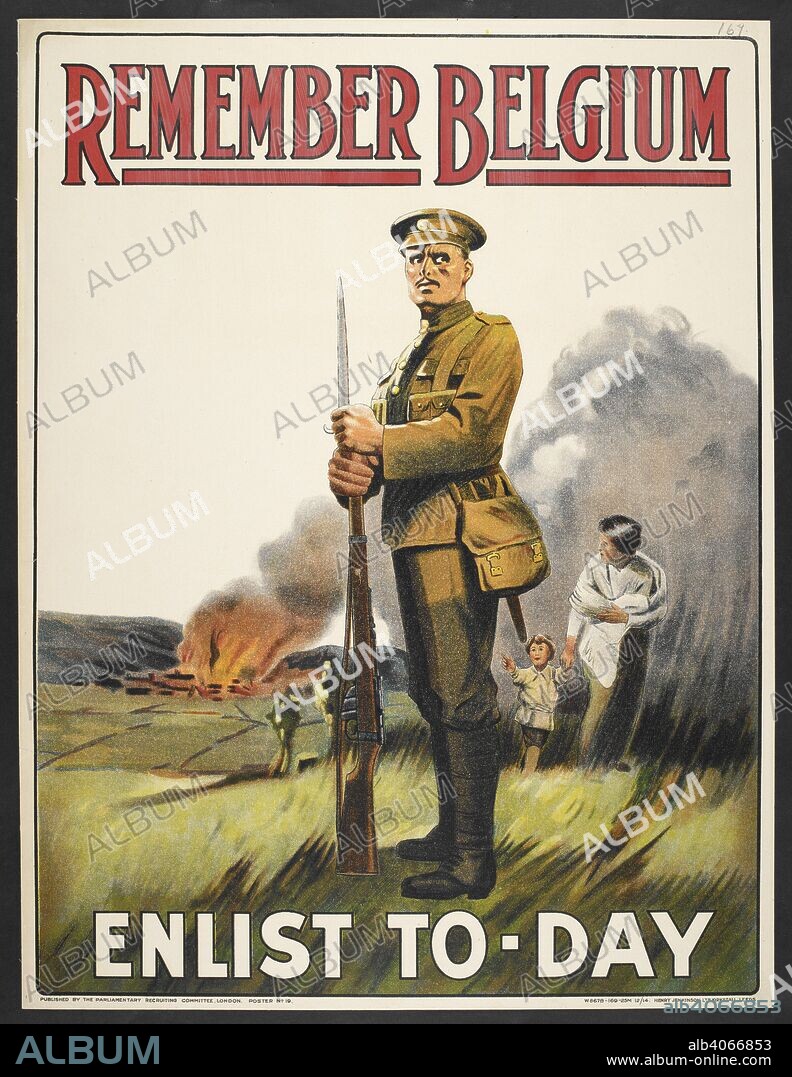 'Remember Belgium - enlist to-day'. A recruitment / propaganda poster showing a British soldier and a burning farm. [A collection of English and French War (World War I) Posters.]. 1914-1919. Source: Tab.11748.a. poster 167.