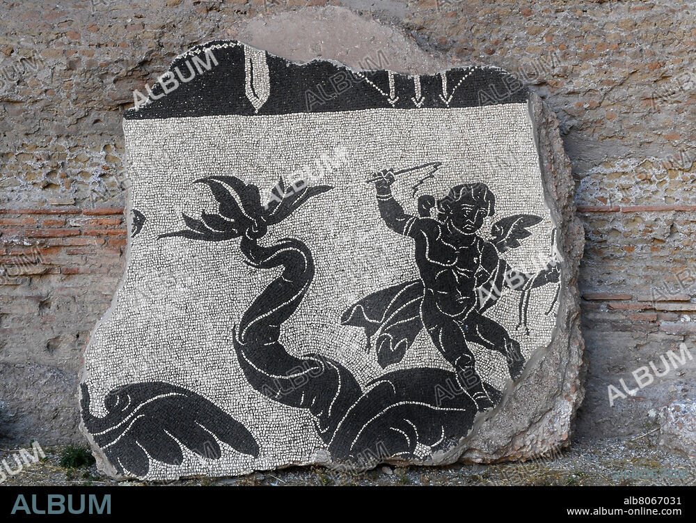 Mosaic. Putto on a seahorse. The Baths of Caracalla (Terme di Caracalla, Thermes de Caracalla, Caracalla-Thermen) were inaugurated in AD 216 during the reign of emperor Caracalla. The baths remained in use until the 6th century. The bath complex covered approximately 25 hectares. The complex is rectangular, measuring 337 by 328 meters. Rome, Italy.(2020).