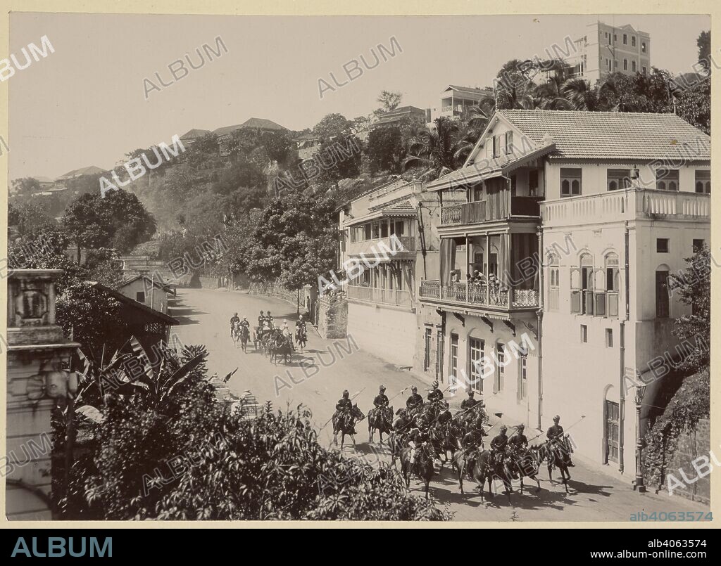 DEEN DAYAL. Bombay. On the Walkeshur Road. Viceregal carriage and mounted escort passing along the road- Lord Curzon's visit to Bombay. Curzon Collection: 'Autumn Tour of H.E. Lord Curzon of Kedleston, Viceroy and Governor-General of India. 1900'. 7 Nov. 1900. Photograph. Source: Photo 430/19(25).
