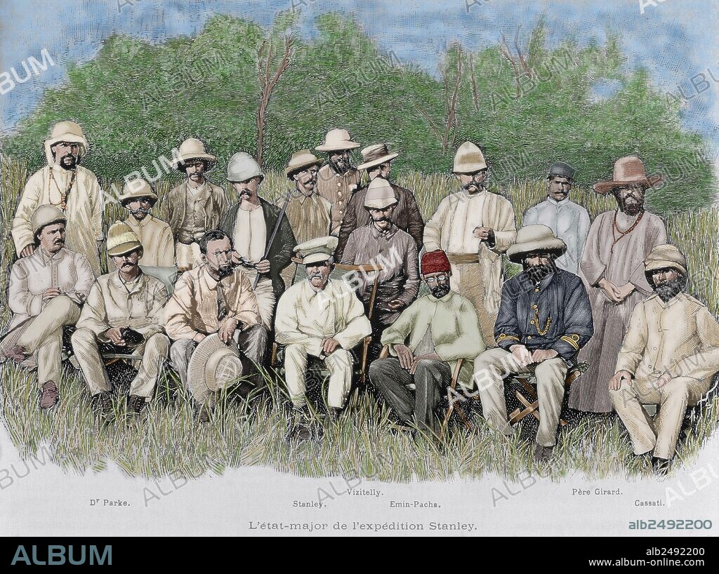 Henry Morton Stanley (1841-1904). British explorer. Staff officer of the expedition of Stanley. Among them, Dr. Parke, Vizitelly, Emin Pacha, Pere Girard and Cassati. Engraving. Colored.