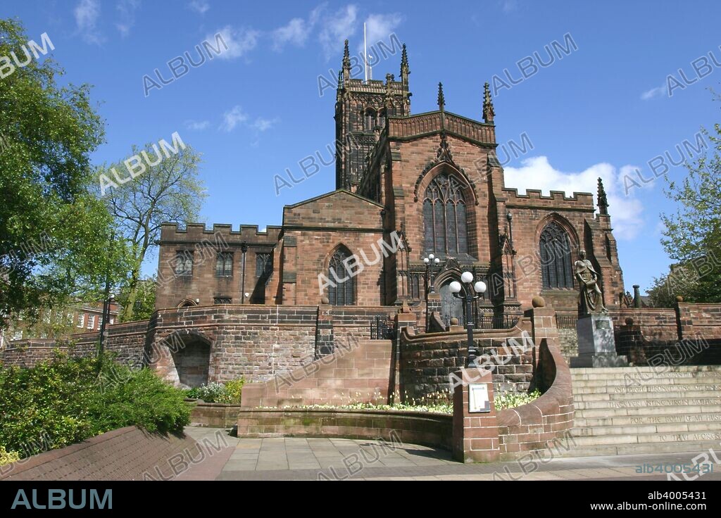 Lady Wulfrun statue and St Peter's Church, Wolverhampton, West Midlands. The city of Wolverhampton is named after Lady Wulfruna, a Saxon noblewoman, who founded the town in 985. She founded a monastery in 994, the site of which is now occupied by St Peter's Church, which dates from 1425. The statue of Wulfruna, which stands in front of the church, can be seen to the right of centre of the picture.
