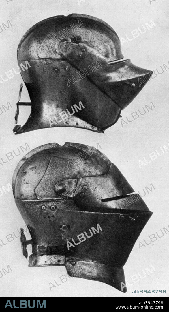 Spanish and Italian helmets, 15th century, (1929). 'A fine armet-a-rondelle, Spanish, end of the 15th century, and an Italian armet and tilting buff, mid 15th century'. Illustration from the Apollo Volume IX, no 53, (May 1929).