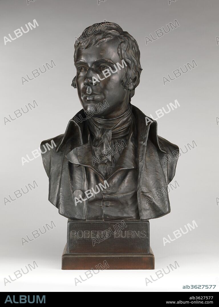 Robert Burns. Artist: Charles Calverley (American, Albany, New York 1833-1914 Essex Fells, New Jersey). Dimensions: 26 7/8 x 15 x 8 in. (68.3 x 38.1 x 20.3 cm). Date: 1890, cast 1891.
Calverley modeled this portrait bust of Robert Burns (1759-1796) in 1890, two years after his bronze full-length statue of the Scottish poet was unveiled in Washington Park in Albany, New York. Scottish-born steel magnate Andrew Carnegie was an admirer of Burns and, aware of Calverley's statue, commissioned from him a life-size bust of the poet for his library. Carnegie was so pleased with the result that in 1891 he ordered a second bronze cast for the Metropolitan Museum.