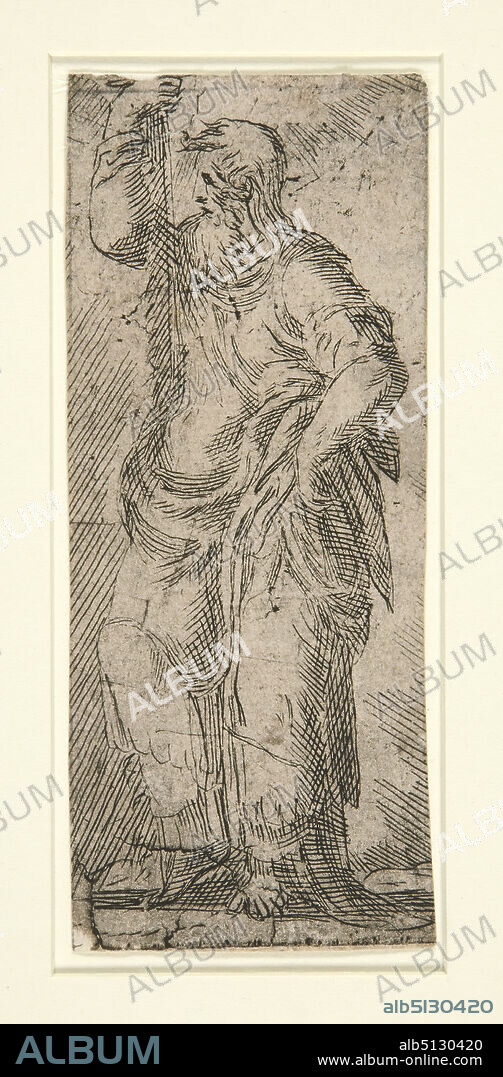 Artist: Andrea Schiavone (Andrea Meldolla), Italian, ca. 15101563, After: Master F. P., Italian, active 16th century, After: Parmigianino, Italian, 15031540, Saint Simon (from Christ and the Twelve Apostles), Etching, sheet: 11.3 × 4.7 cm (4 7/16 × 1 7/8 in.), Italian, 16th century, Works on Paper - Prints.