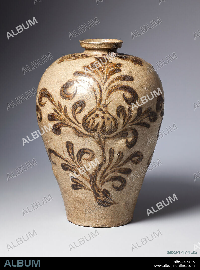 Maebyeong with peonies, 11th-12th century, Unknown Korean, 9 1/2 × 6 3/4 × 6 3/4 in. (24.13 × 17.15 × 17.15 cm), Porcelaneous stoneware with iron oxide designs under celadon glaze, Korea, 11th-12th century, The elongated tapering body, short neck, and narrow mouth identify this vessel as a type of vase known as a 'plum vase.' Informed by similar vases imported from China, this style of vase took its Korean name, maebyeong, from the transliteration of the Chinese name, meiping..
