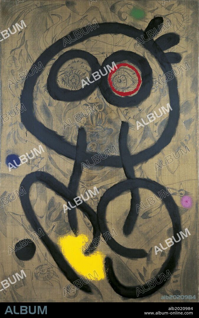 JOAN MIRÓ. Self-Portrait (Autoportrait), by Joan Mirî, 1960, 20th Century, oli on paper, 146.5 x 97 cm. Spain, Barcelona, Fundaciî Joan Mirî. Whole artwork view. Self-portrait as a child's drawing composed of basic shapes and primary colors.