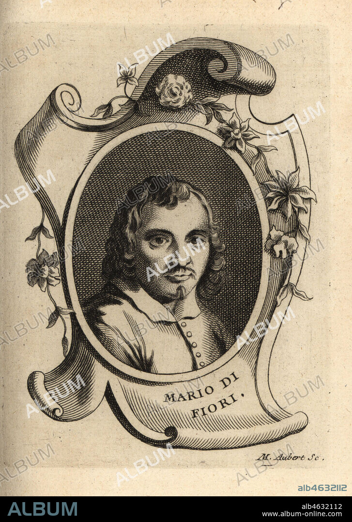 Portrait of Mario Nuzzi or Mario de' Fiori, Italian painter of the Baroque period 1603-1673. Mario di Fiori. Copperplate engraving by M. Aubert after a self portrait by Mario Nuzzi from Antoine-Joseph Dezallier dArgenvilles Abrege de la vie des plus fameux peintres, Lives of the most Famous Artists, de Bure lAine, Paris, 1762.