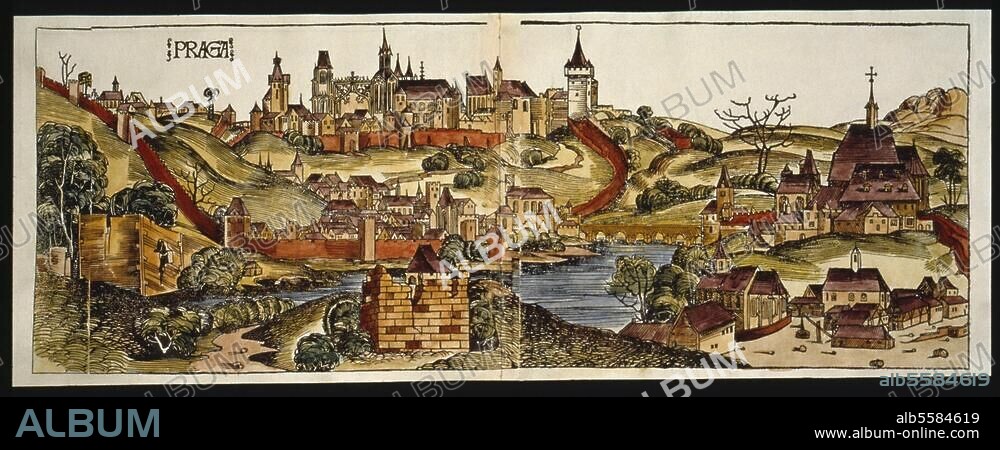 ANONYMOUS. Prague. View of the city of Prague. Woodcut, coloured, 1493. Fr.: Hartmann Schedel, Liber chronicarum. (World Chronicle) Nuremberg (Koberger), 1493.
