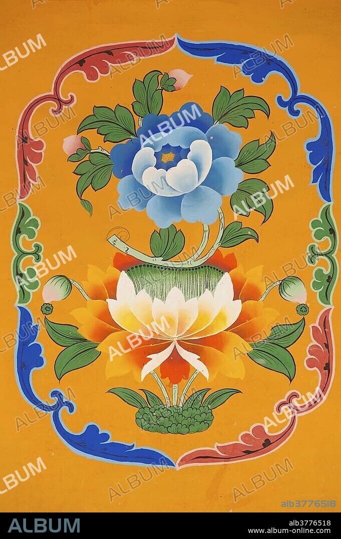 Tibetan Buddhism, mural painting, emblem, blue blossom above a lotus blossom, Jokhang Temple, Lhasa, Ue-Tsang, Central Tibet, Tibet Autonomous Region, Himalaya Range, People's Republic of China, Asia.