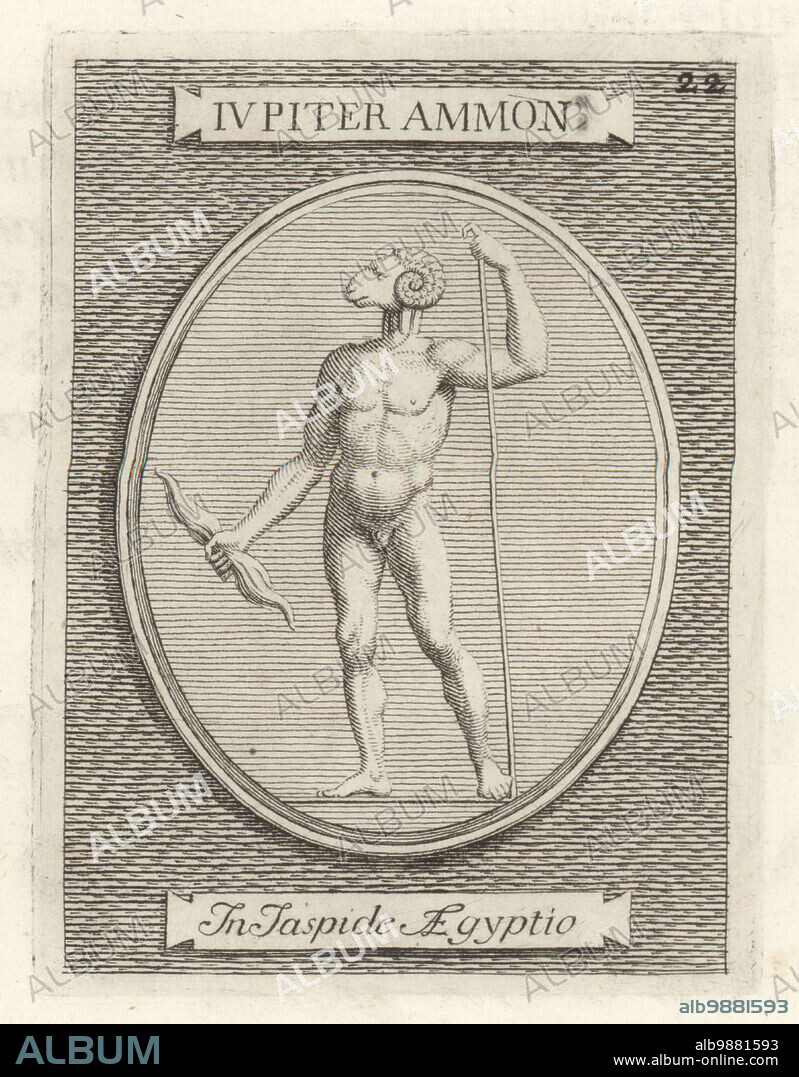 Etruscan figure of Jupiter Ammon, naked with rams head, spear and thunderbolt. Tinia or Tin in the Etruscan religion, in Egyptian chalcedony in the Museum of the Knights of the Order of Saint Stephen, Cortona. Jupiter Ammon in Jaspide Aegyptio. Copperplate engraving from Francesco Valesio, Antonio Gori and Ridolfino Venutis Academia Etrusca, Museum Cortonense in quo Vetera Monumenta, (Etruscan Academy or Museum of Cortona), Faustus Amideus, Rome, 1750.