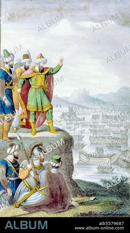 Seeschlacht von Salamis, September. 480 v. Chr. (Die Griechen unter Themistokles besiegen die pers. Flotte). "Xerxes während der Schlacht von Salamis". Lithographie, koloriert, 1832, von R. Weibezahl. Aus: Bildergallerie zu C. v. Rotteck's allgem. Weltgeschichte, Meißen u. Pest (Goedsche u. Wigand) 1832. Berlin, Sammlung Archiv für Kunst und Geschichte.