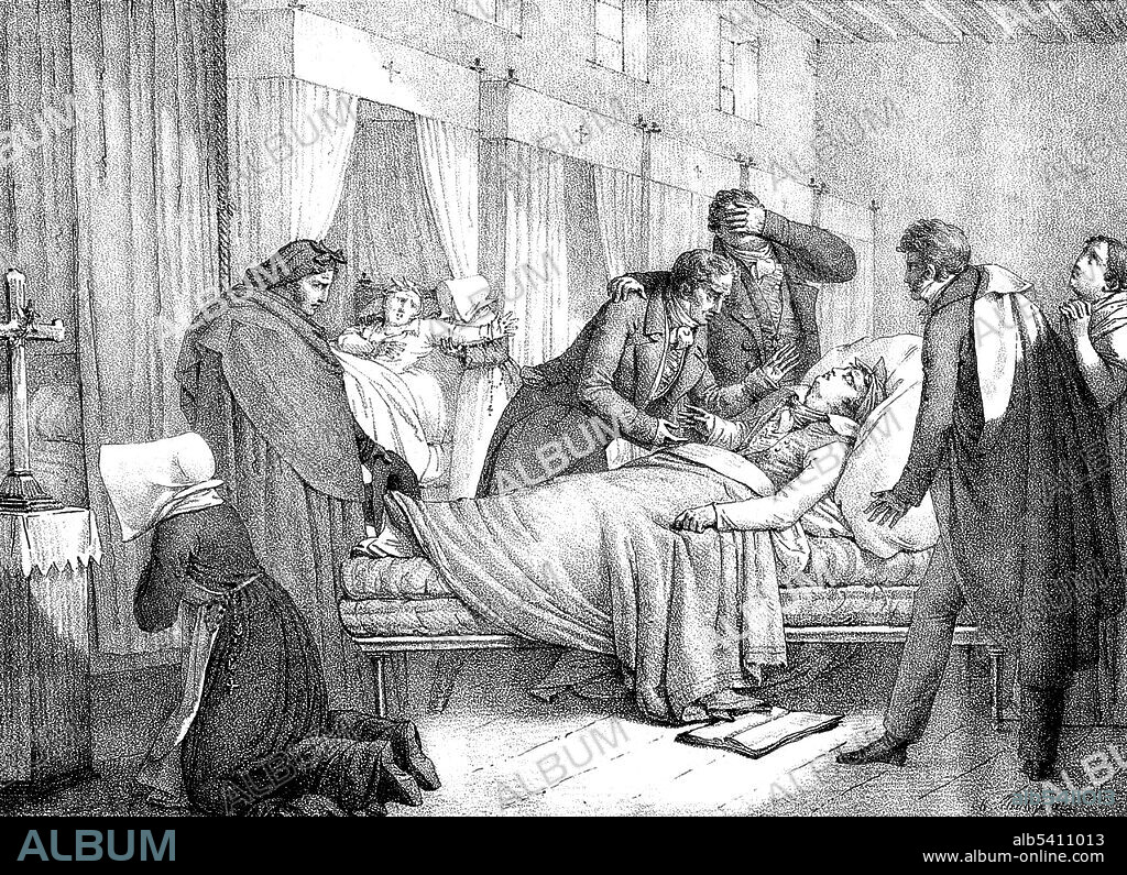 The death of André Mazet. André Mazet (December 1793 - October 22, 1821) was a French doctor. His book, "Observations sur la Fievre Jaune, Faites a Cadix, en 1819" was an account of a yellow fever outbreak in Cadiz. Mazet was one of the five members of the medical commission sent to Barcelona by the French government to fight the Yellow Fever epidemic. He arrived in Barcelona on October 8th and was almost immediately infected with yellow fever, and died along with several thousand citizens during the 1821 outbreak. Lithograph, no artist credited.