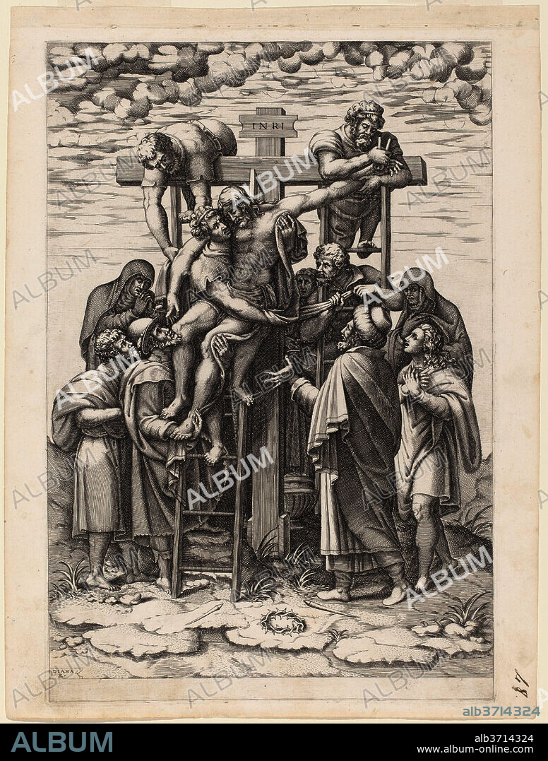 DIANA SCULTORI. The Descent from the Cross. Dated: 1570. Dimensions: plate: 32.6 x 22.1 cm (12 13/16 x 8 11/16 in.)  sheet: 35 x 26.2 cm (13 3/4 x 10 5/16 in.). Medium: engraving on laid paper.