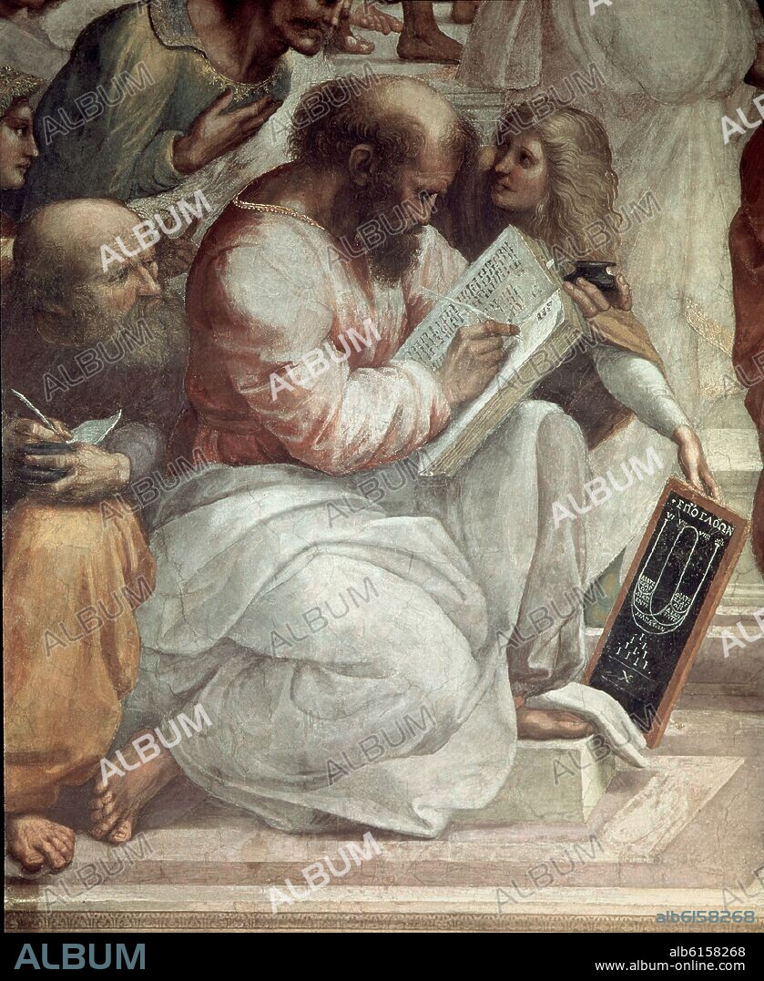 RAFAEL SANZIO O RAFAEL DE URBINO. LA ESCUELA DE ATENAS  - 1510 - RENACIMIENTO ITALIANO - DETALLE DE PITAGORAS Y AVERROES.
