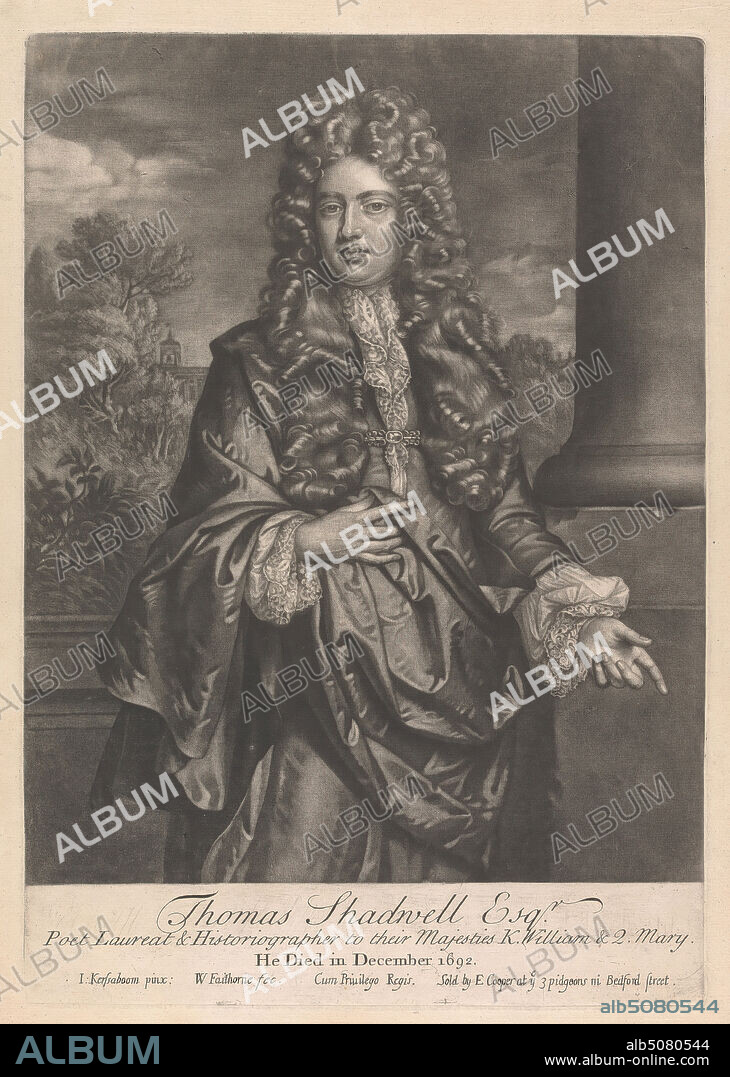 Thomas Shadwell, Esquire, Poet Laureat & Historiographer, Print made by William Faithorne, 1656ca. 1701, British, after John Kerseboom, op.1680 m. 1708, German, Published by Edward Cooper, active 1682 died 1725, British, between 1690 and 1703, Mezzotint on moderately thick, slightly textured, beige laid paper, Sheet: 15 13/16 x 11 1/8 inches (40.1 x 28.2 cm), Plate: 13 7/8 x 9 3/4 inches (35.2 x 24.7 cm), and Image: 12 1/16 x 9 3/4 inches (30.7 x 24.7 cm), broche, building, clouds, columns, cravat, cuffs, curls, gesturing, historian, lace, man, nobleman, pin, playwright, poet, pointing, portrait, robes, sash, satin, trees, wig.