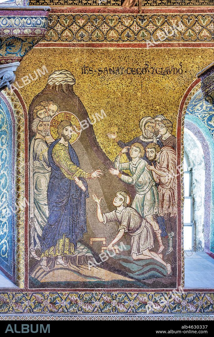Monreale, Duomo: "Jesus healing blind men and cripples", Byzantine mosaic, Episodes from the life of Christ, XII - XIII centuries. Latin inscription:"IESUS SANAT CÆCOS ET CLAUDOS" .