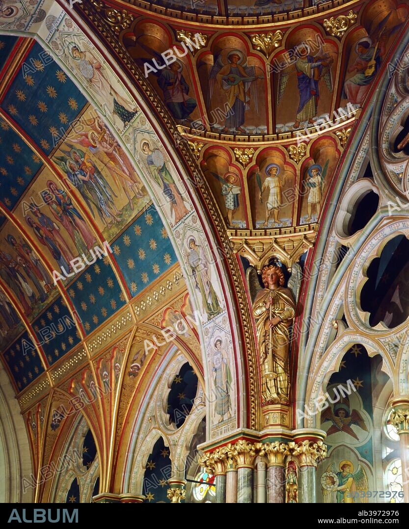 Decorated roof of the sanctuary, St Mary's Church, Studley Royal, North Yorkshire, c2000s(?). St Mary's Church was designed by William Burges in the 1870s.