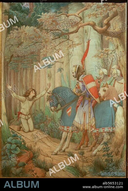 Wolfram von Eschenbach; Um 1170-1220. Werke: Parzival. Parzivals Erziehung durch Gurnemans. Aquarell, 1884, von Edward Jakob von Steinle (1810-1886). 2. Bild des "Parzival-Zyklus". Bleistift, Aquarell u. Deckfarben auf Papier auf Leinwand, 68,5 × 48,4 cm. München, Neue Pinakothek.