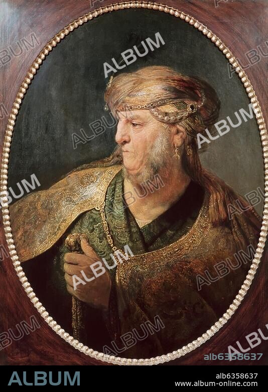 DIT REMBRANDT REMBRANDT HARMENSZOON VAN RIJN. Rembrandt, Rembrandt Harmenszoon van Rijn, dit ; 1606-1669. - "Portrait d'un homme en costume oriental", 1633. Huile sur bois (chêne), H. 0,858 ; L. 0,638. Inv. n° 421. Munich, Alte Pinakothek.